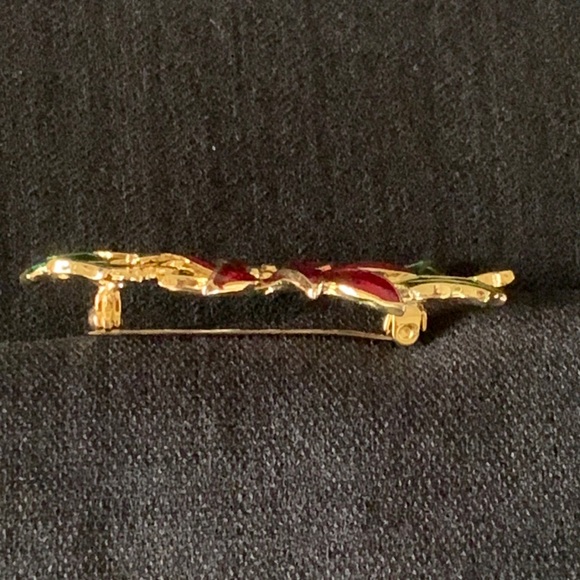 Gold Tone Enamel Christmas Holiday Poinsettia Brooch - Picture 3 of 3